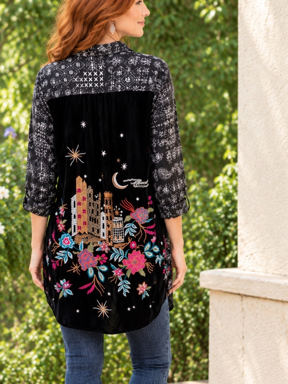 Johnny Was Workshop 100% Silk Embroidered plush Velvet Blouse/Tunic. Worn once